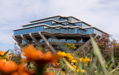 UCSD Geisel Library framed with flowers
