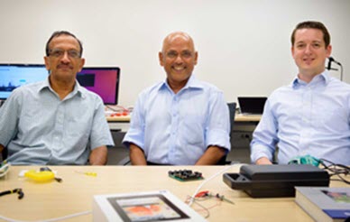  Harinath Garudadri and team.Qualcomm Institute research scientist Harinath Garudadri, center, is leading the Open Speech Platform (OSP) project, which offers a suite of open-source technologies to hearing health researchers. Coprincipal investigators are Electrical and Computer Engineering professors Bhaskar Rao (left) and Patrick Mercier (right).